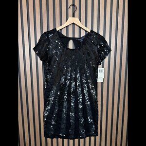 New French Connection Dress 2 / XS Womens Black Sequin Mini Short Sleeve Shift